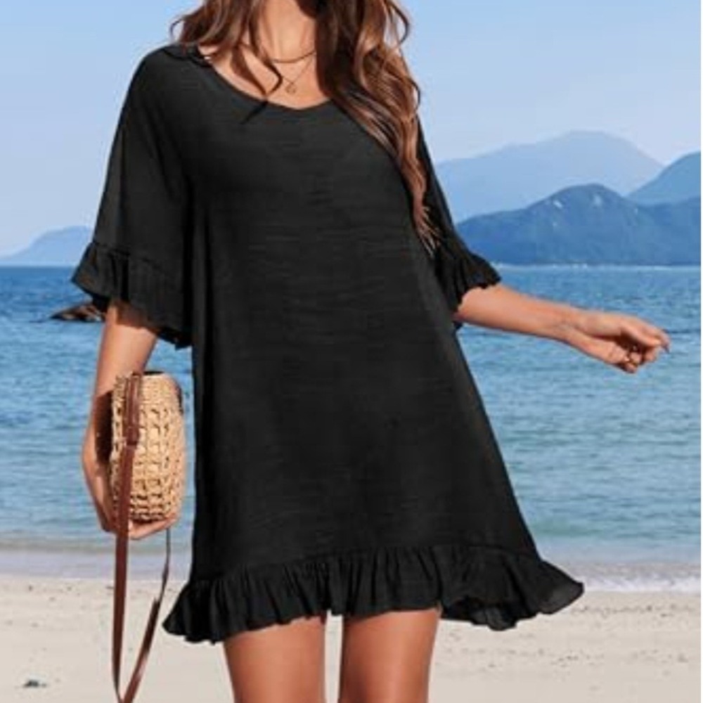 Ekouaer Black Ruffle Hem Swim Cover Up Dress Tie Back XXL New